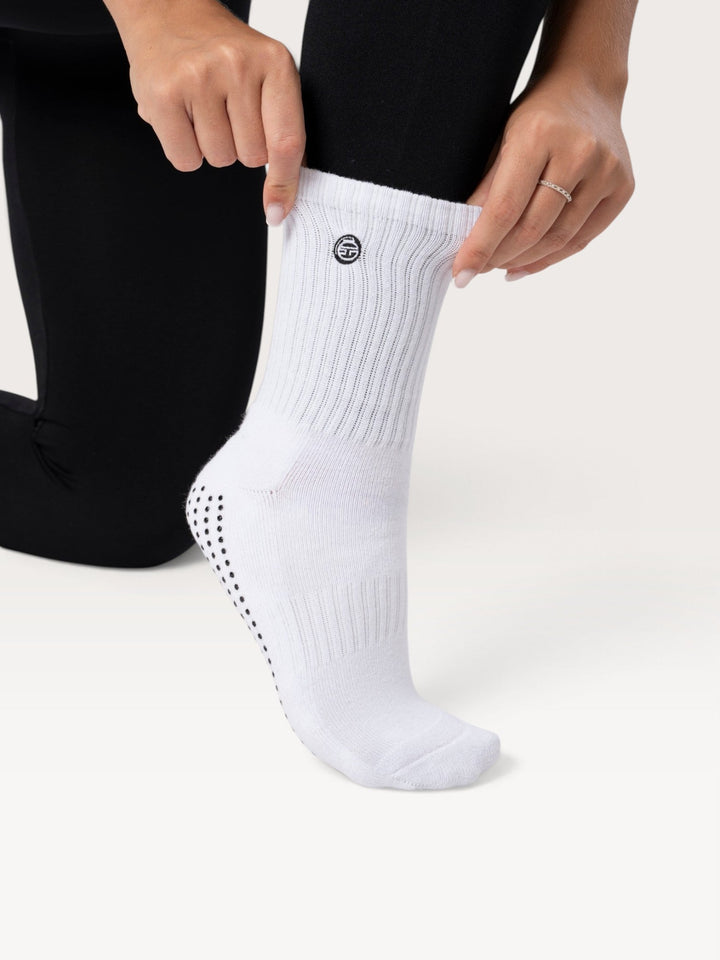 Calzini antiscivolo bianchi Bombafit con suola grip in silicone e polsino a coste per yoga e pilates