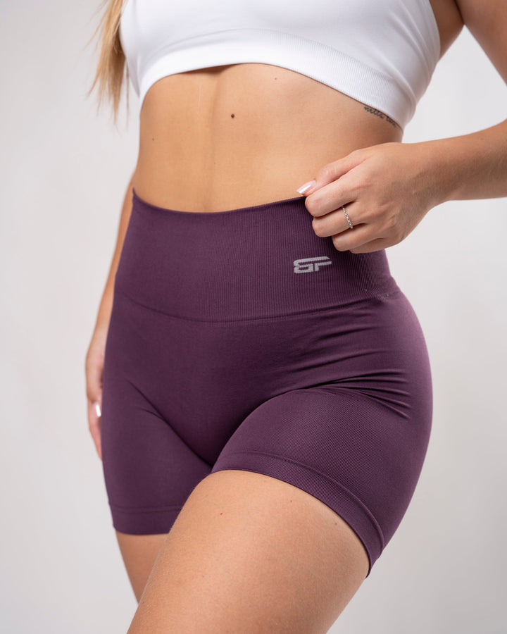 Shorts leggings seamless Bombafit color viola plum a vita alta con logo discreto per allenamento e athleisure